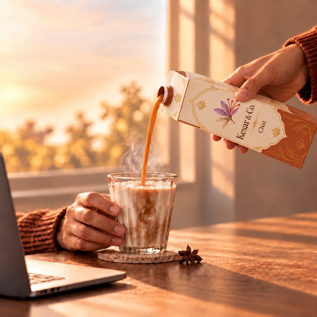 Reworked ad: chai concentrate being poured into a glass of hot milk beside a laptop at golden hour
